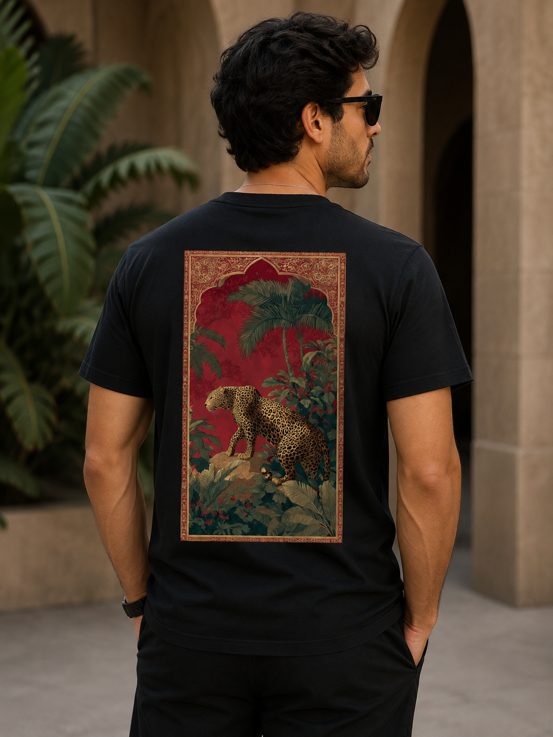White Cotton Regular Fit Leopard Jungle Digital Print T-Shirt for Men
