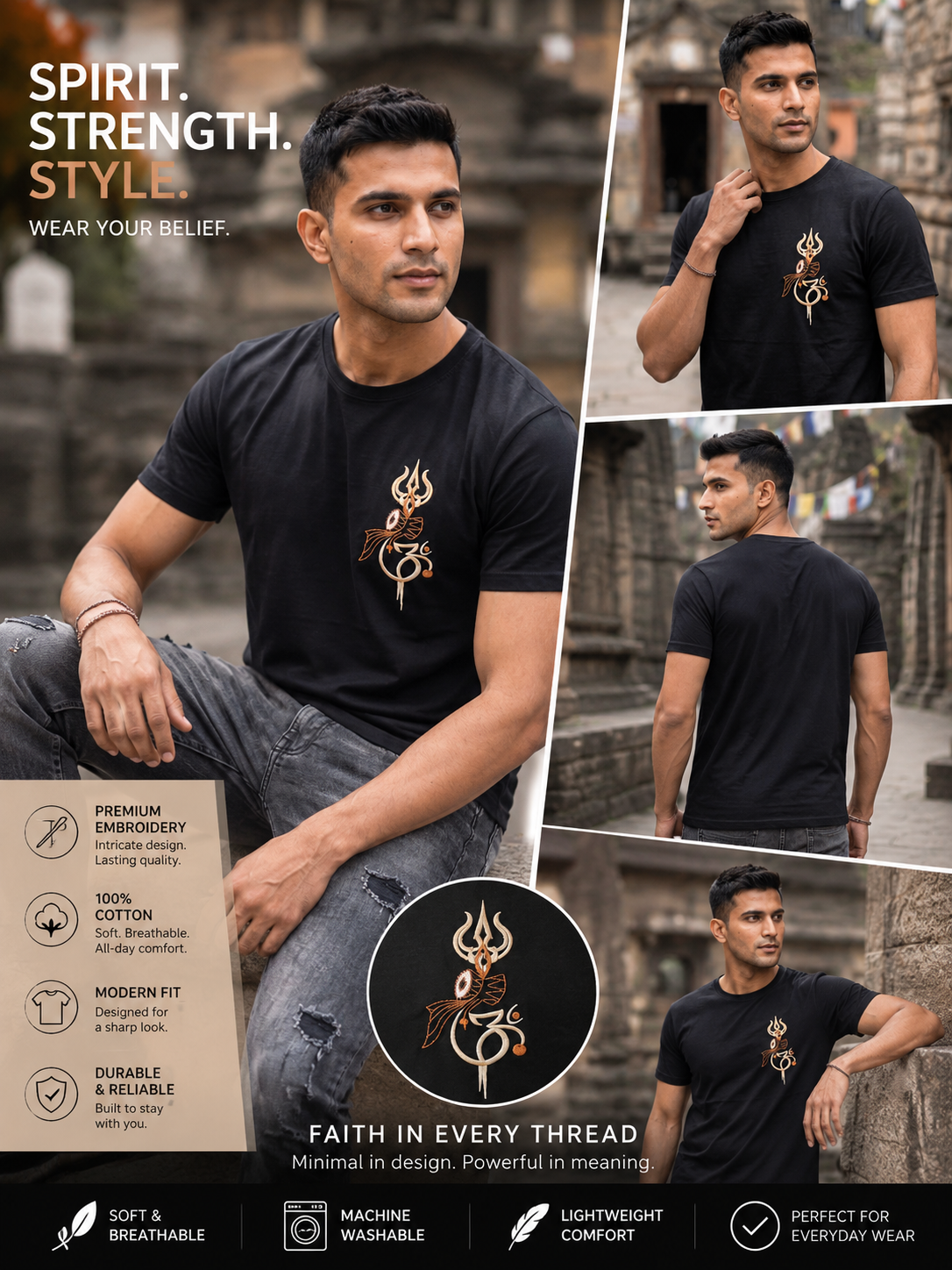Black Cotton Regular Fit Om Trishul Embroidered T-Shirt for Men