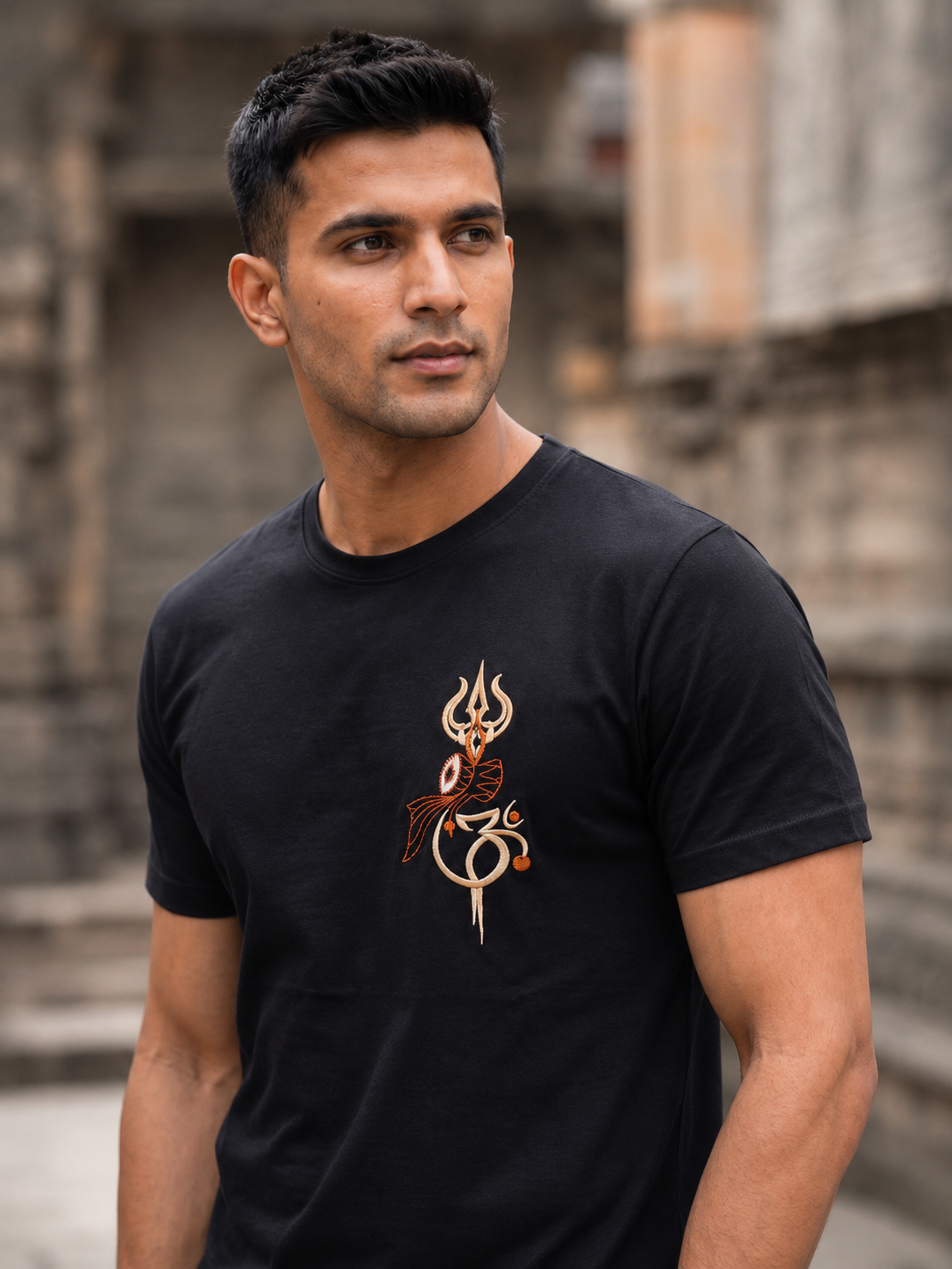 Black Cotton Regular Fit Om Trishul Embroidered T-Shirt for Men