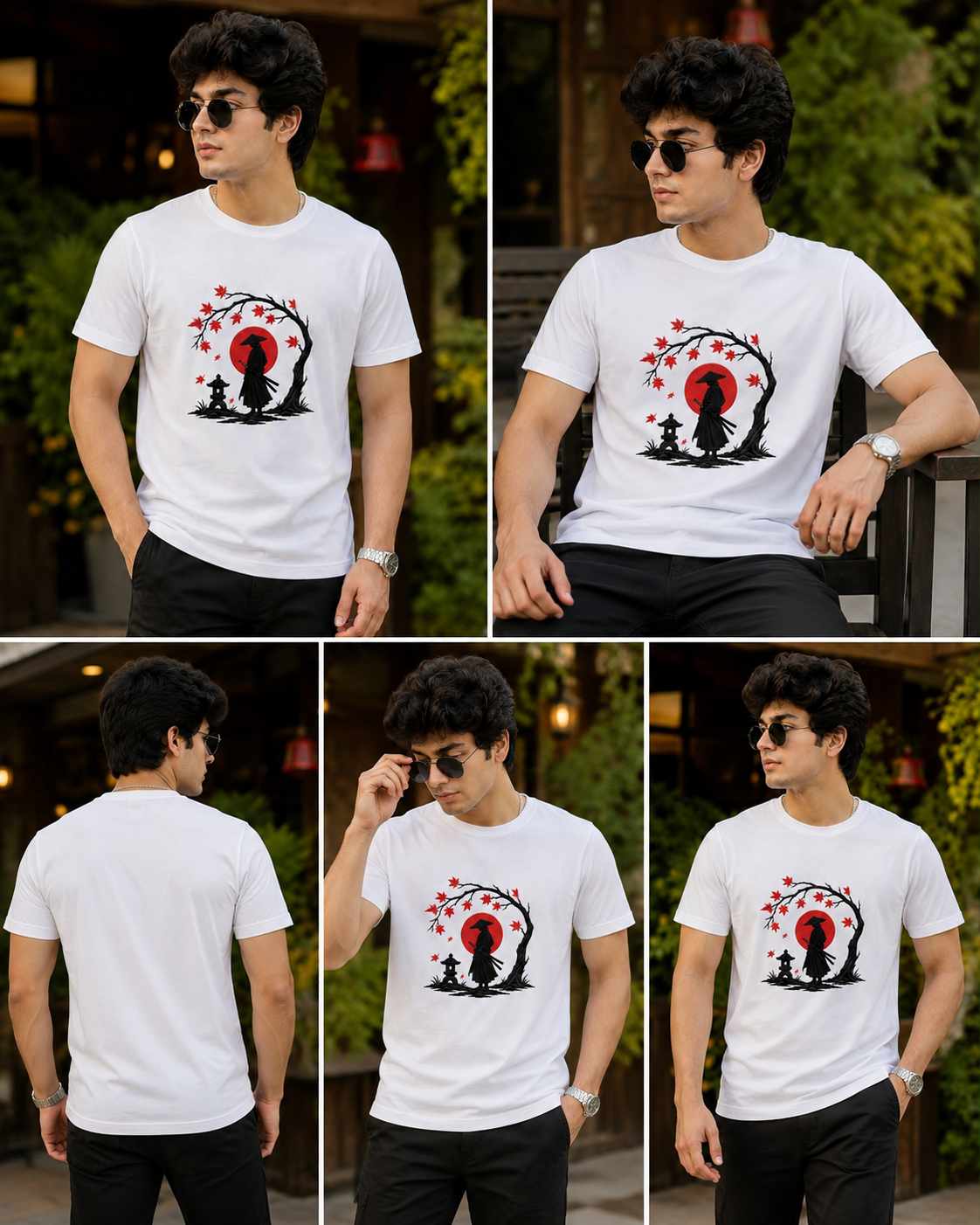White Cotton Regular Fit Japanese Samurai Embroidered T-Shirt for Men