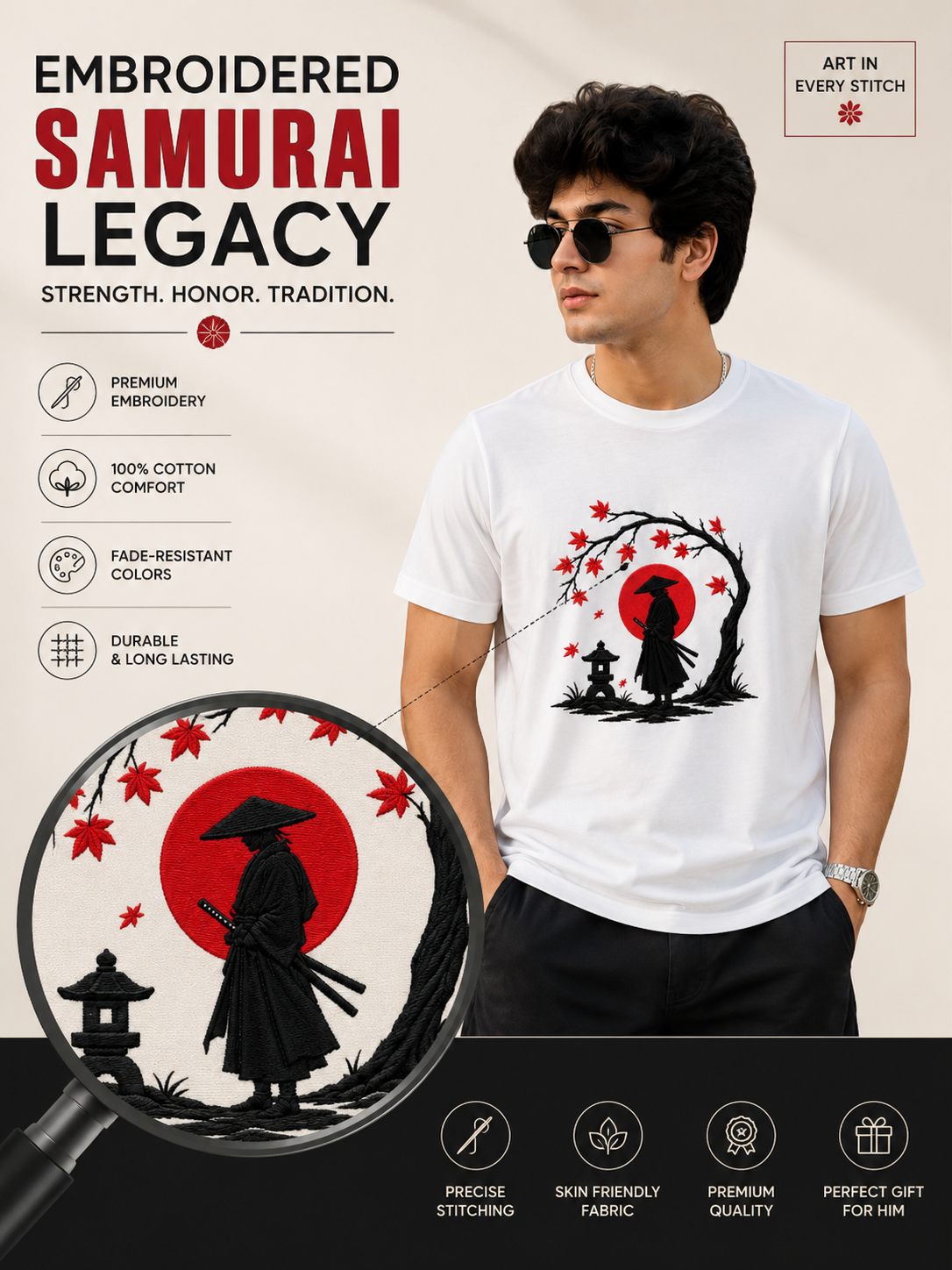 White Cotton Regular Fit Japanese Samurai Embroidered T-Shirt for Men