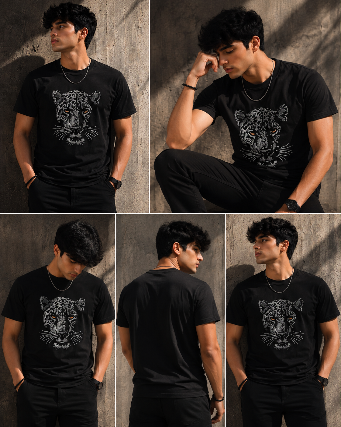 Black Cotton Penther Face Embroidered T-Shirt for Men