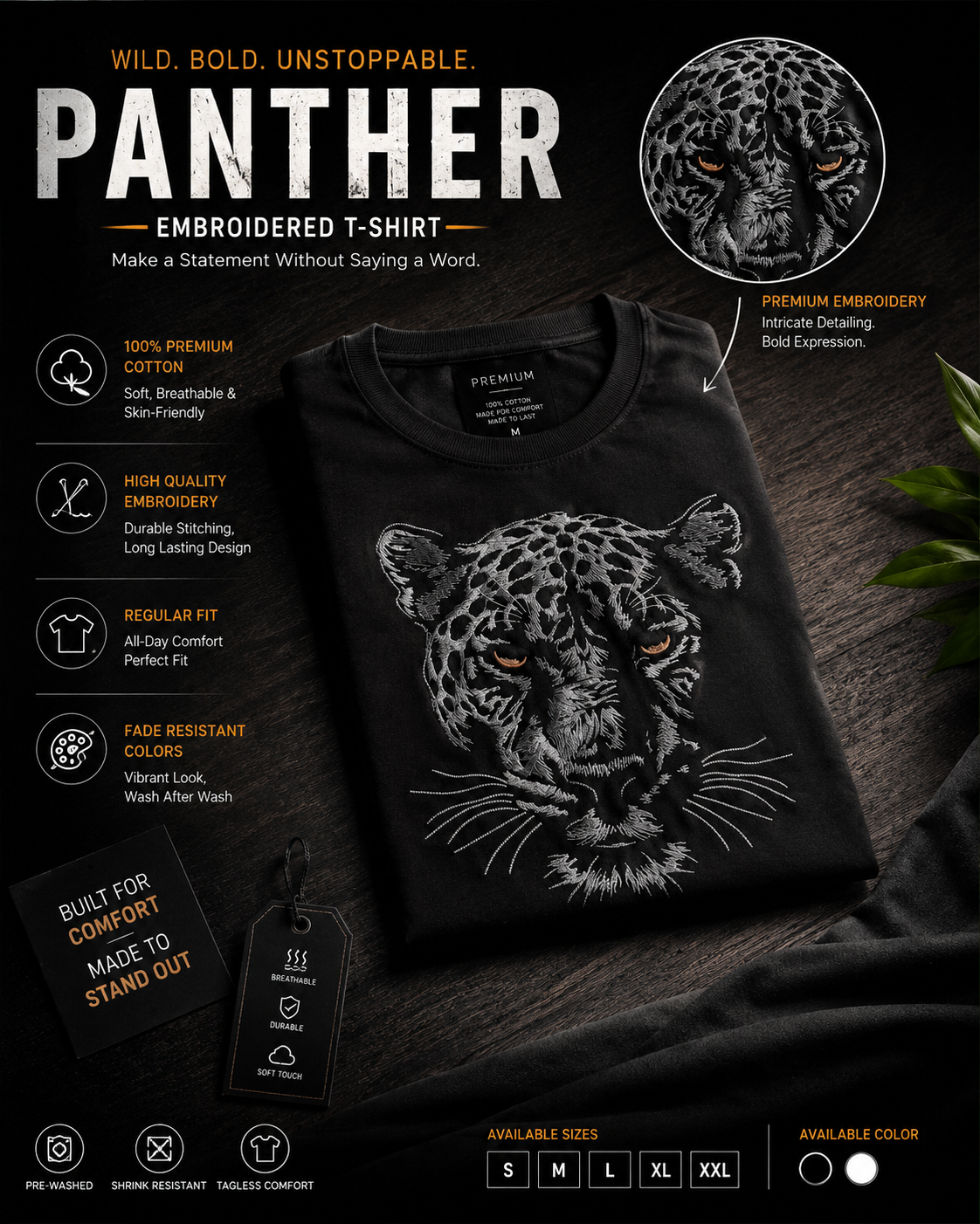 Black Cotton Penther Face Embroidered T-Shirt for Men