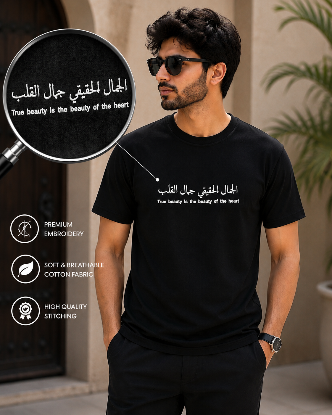 Black Cotton Regular Fit Embroidered T-Shirt For Man