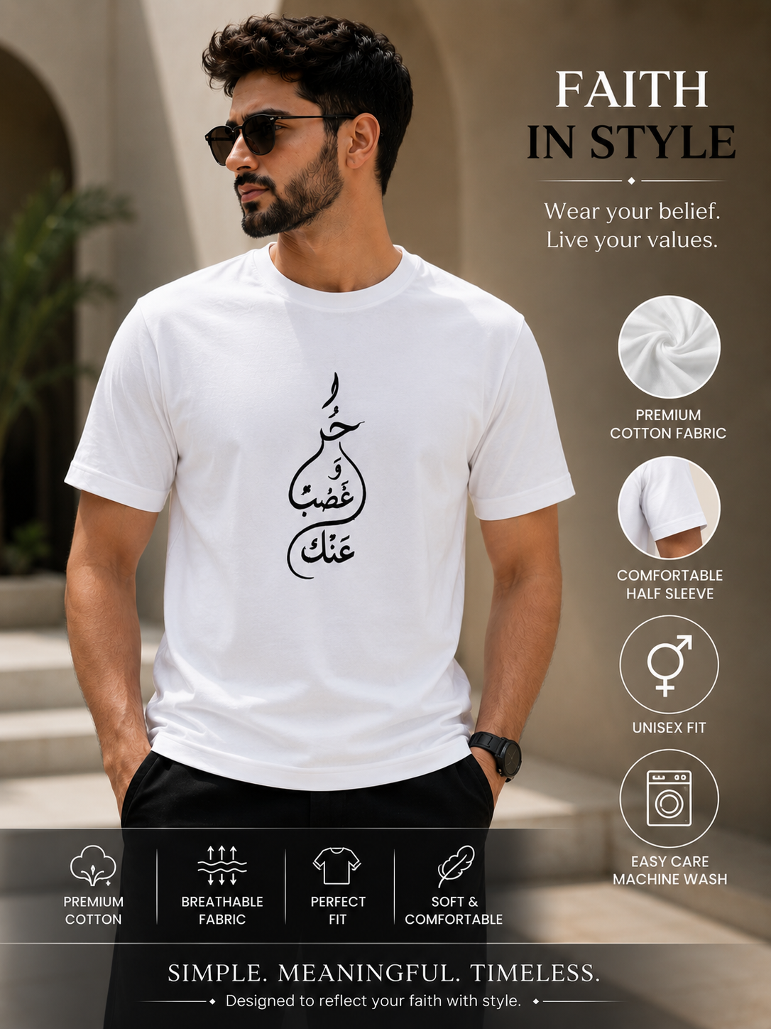 White Cotton Regular Fit Calligraphy Embroidered T-Shirt For Man