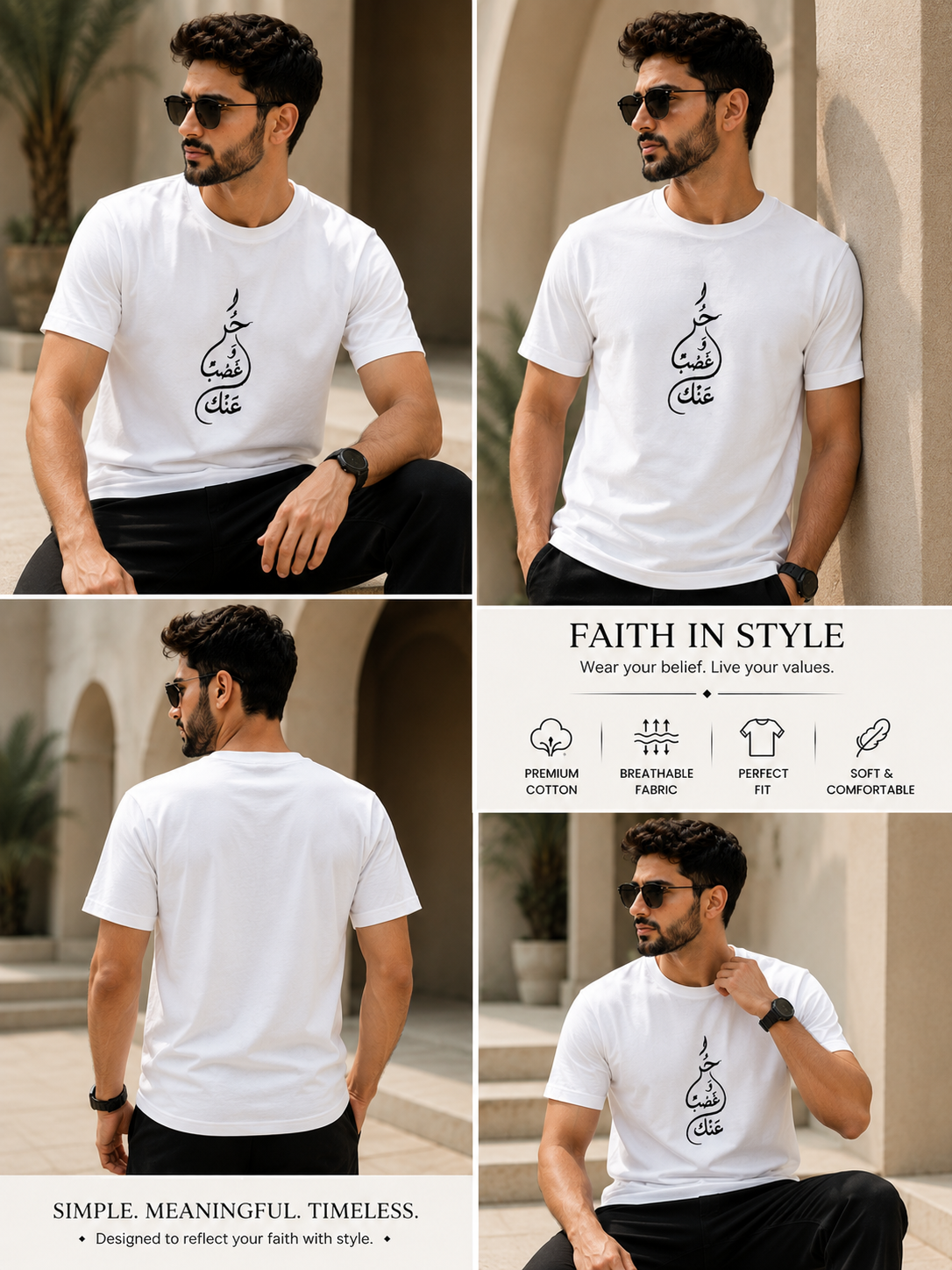 White Cotton Regular Fit Calligraphy Embroidered T-Shirt For Man