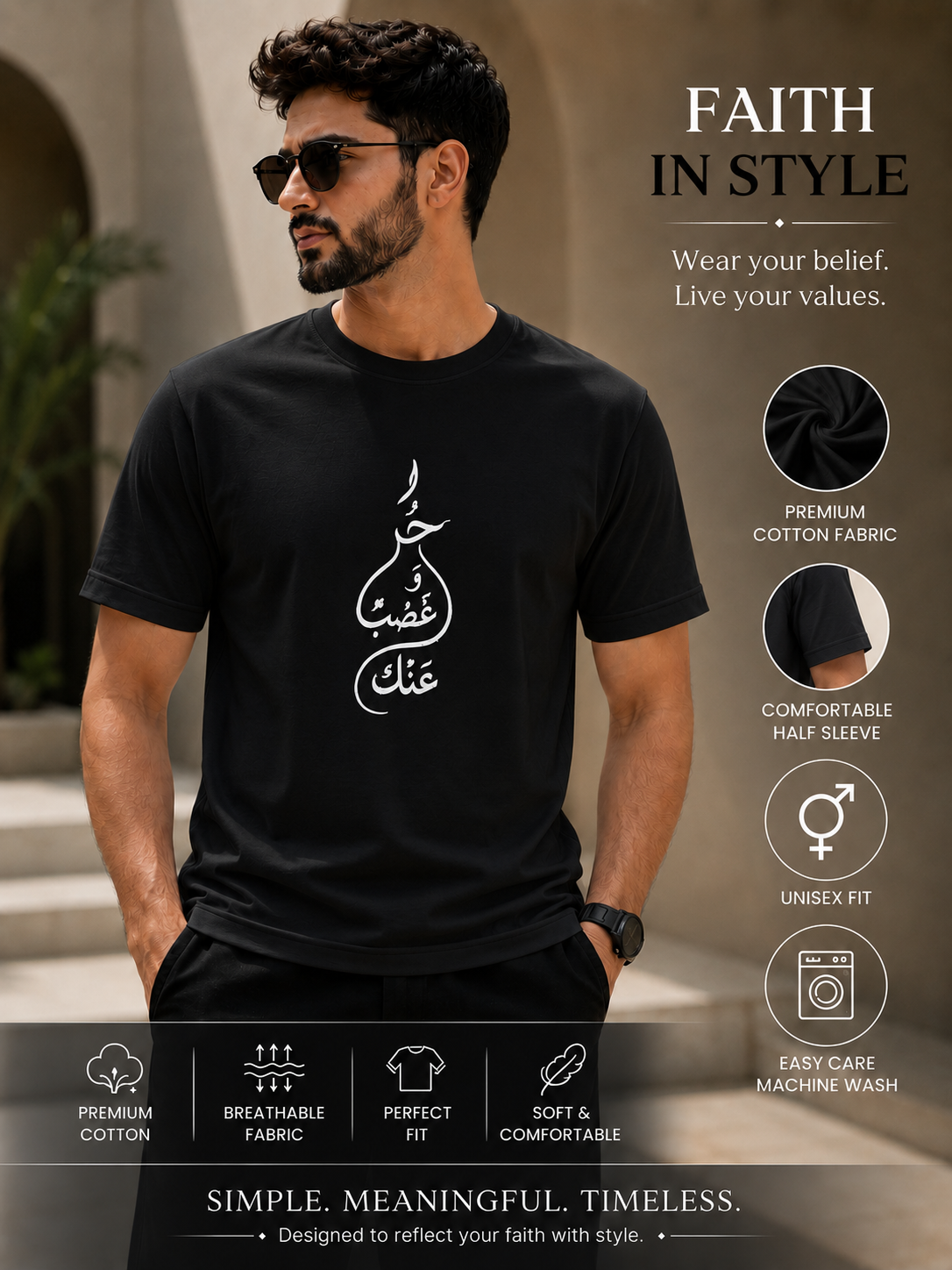 Black Cotton Regular Fit Calligraphy Embroidered T-Shirt For Man