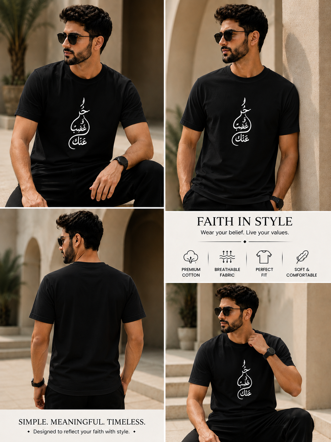 Black Cotton Regular Fit Calligraphy Embroidered T-Shirt For Man
