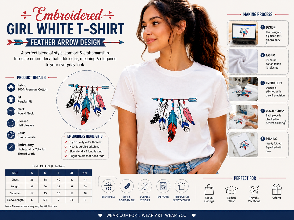 White Cotton Regular Fit Colorful Feather Embroidered T-Shirt for Women