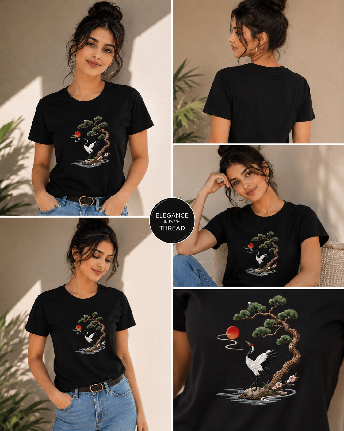 White Cotton Regular Fit Japanese Crane & Bonsai Embroidered T-Shirt for Women