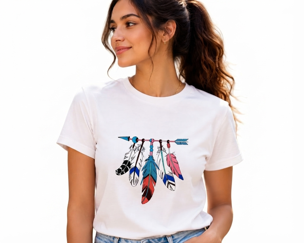 White Cotton Regular Fit Colorful Feather Embroidered T-Shirt for Women