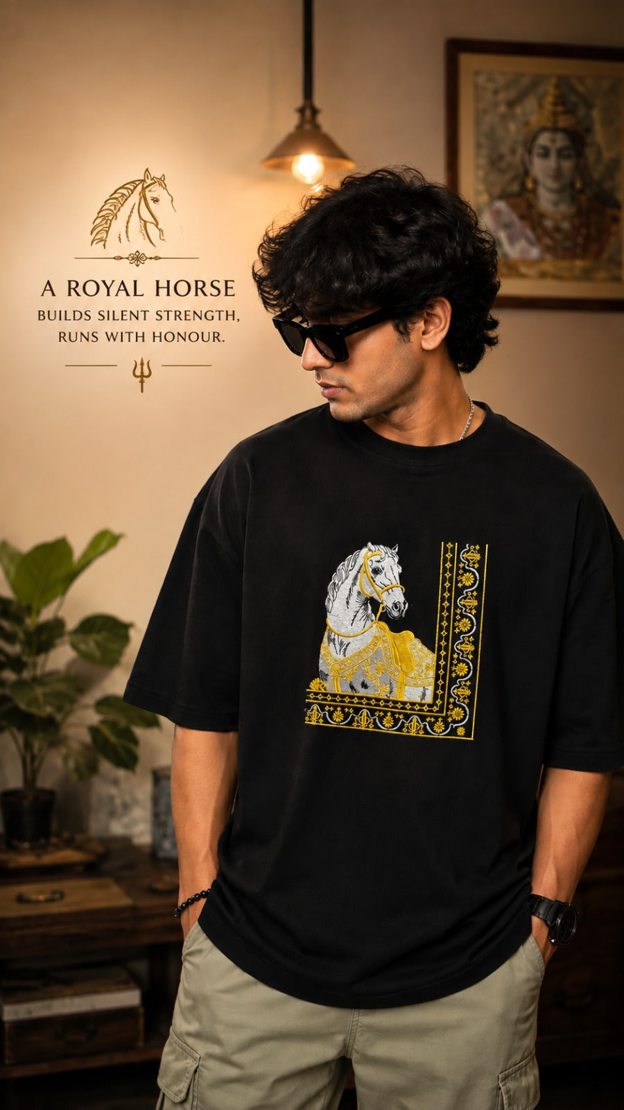 Black Cotton Regular Fit Royal Horse Embroidered T-Shirt for Men