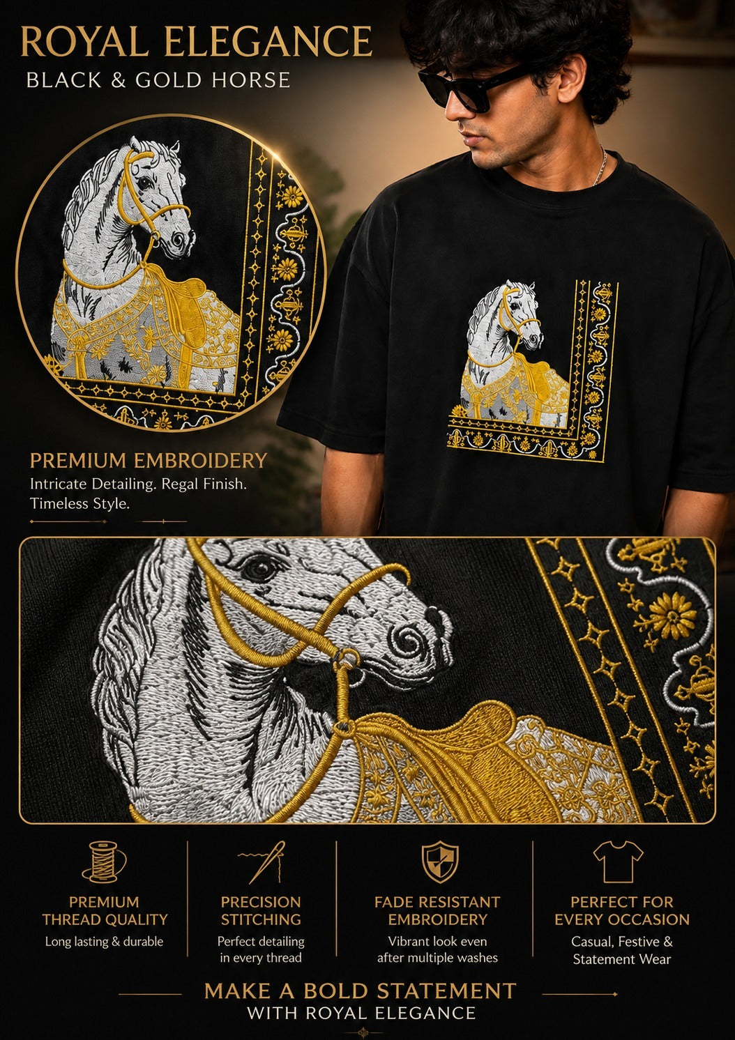 Black Cotton Regular Fit Royal Horse Embroidered T-Shirt for Men