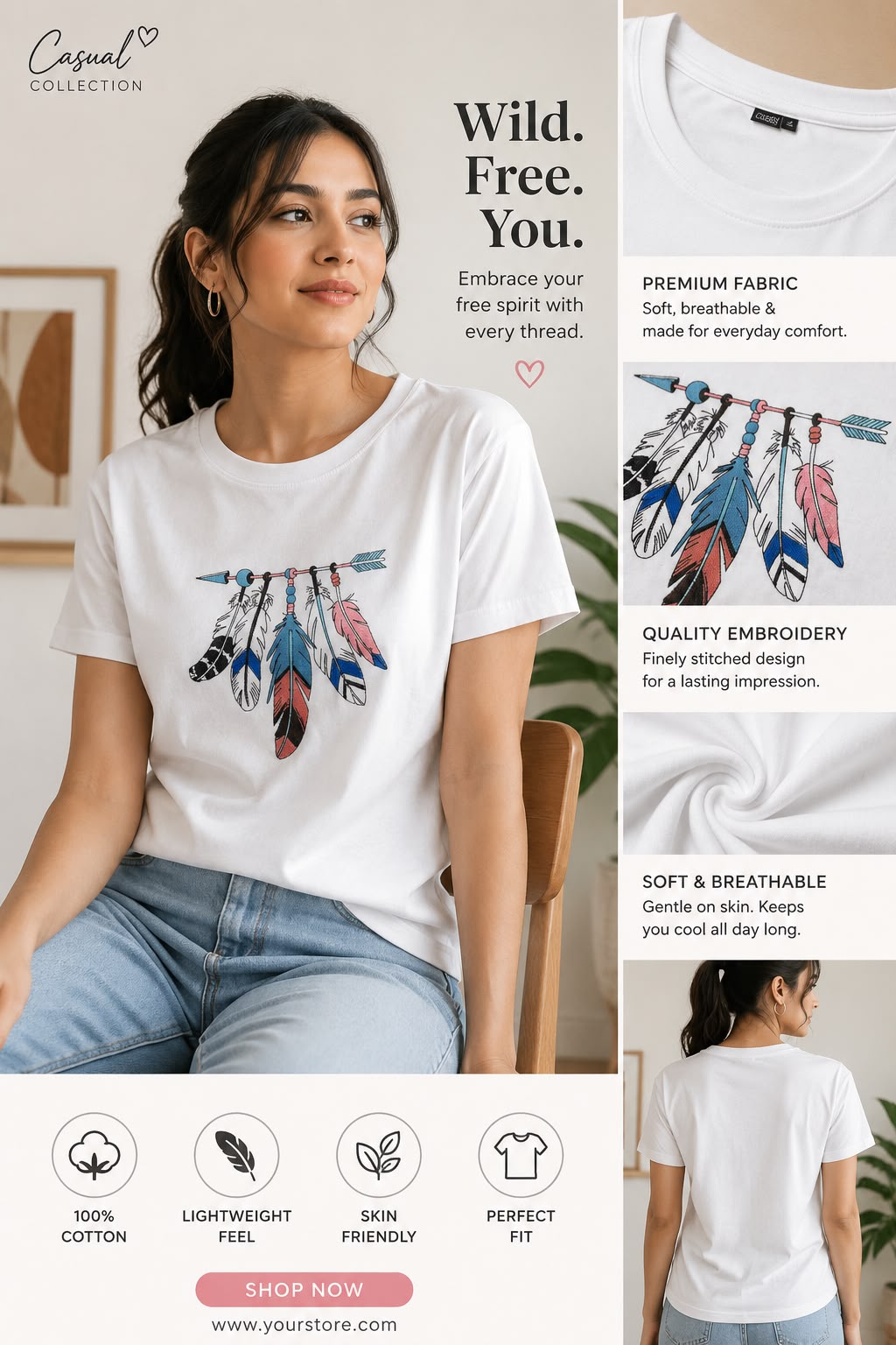 White Cotton Regular Fit Colorful Feather Embroidered T-Shirt for Women