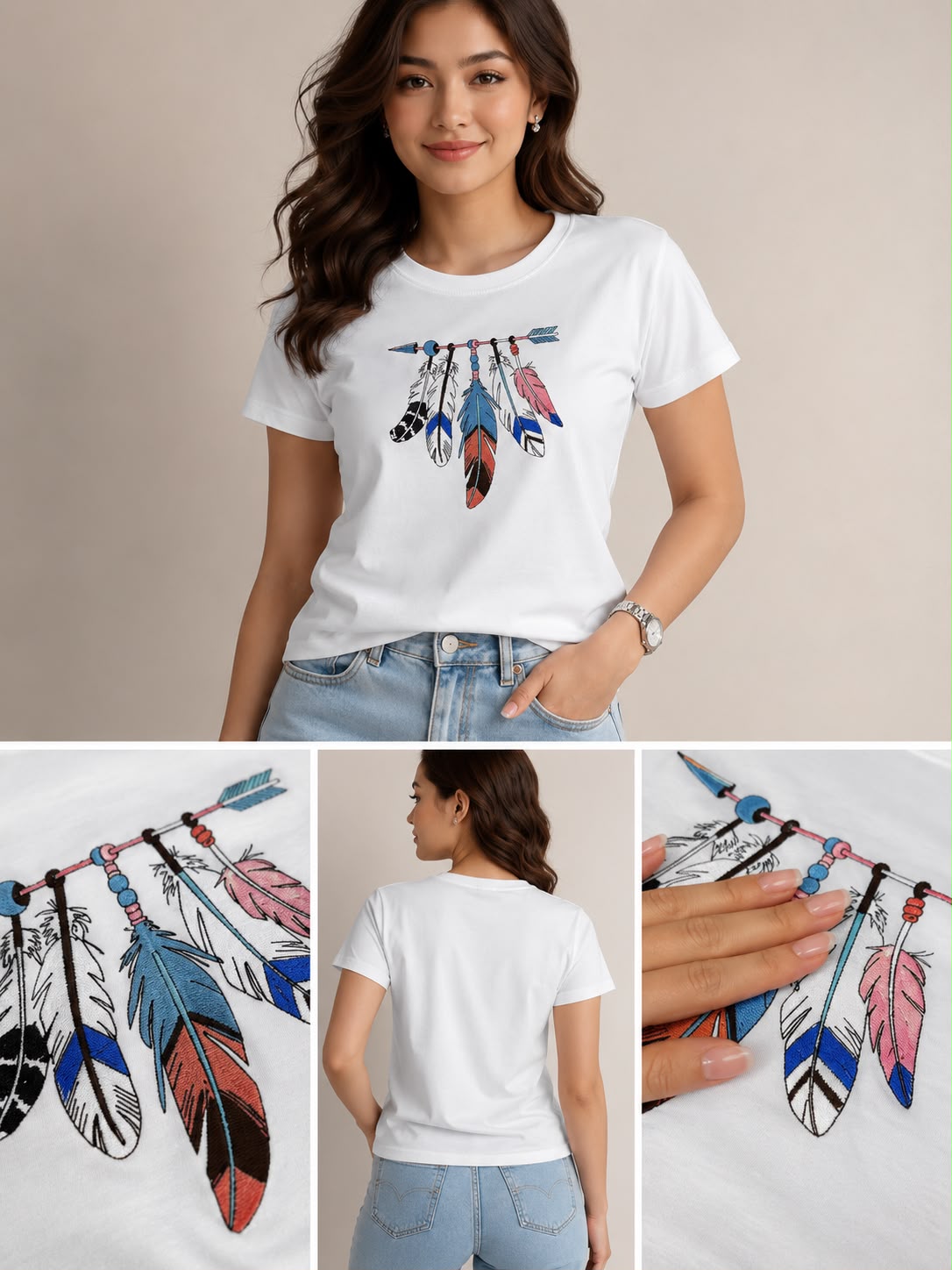 White Cotton Regular Fit Colorful Feather Embroidered T-Shirt for Women