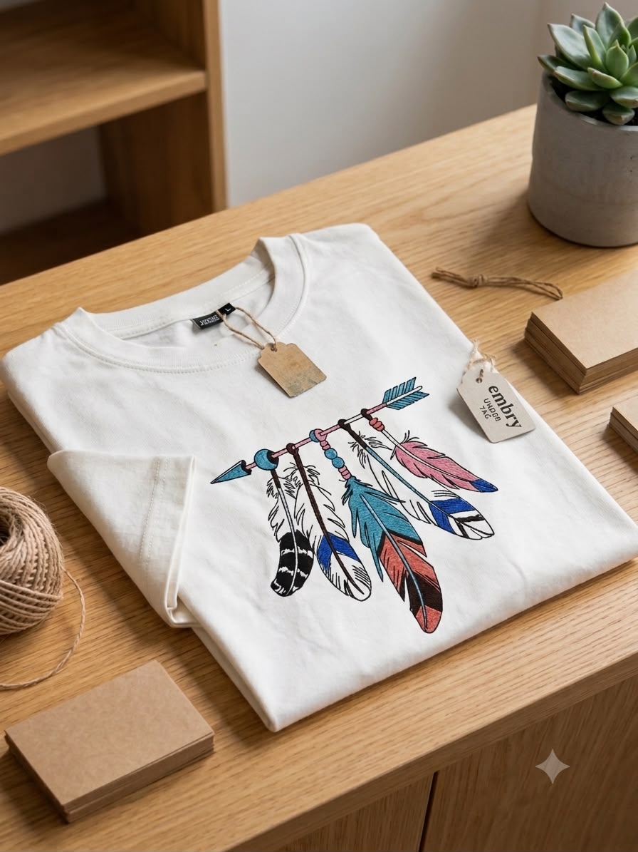 White Cotton Regular Fit Colorful Feather Embroidered T-Shirt for Women