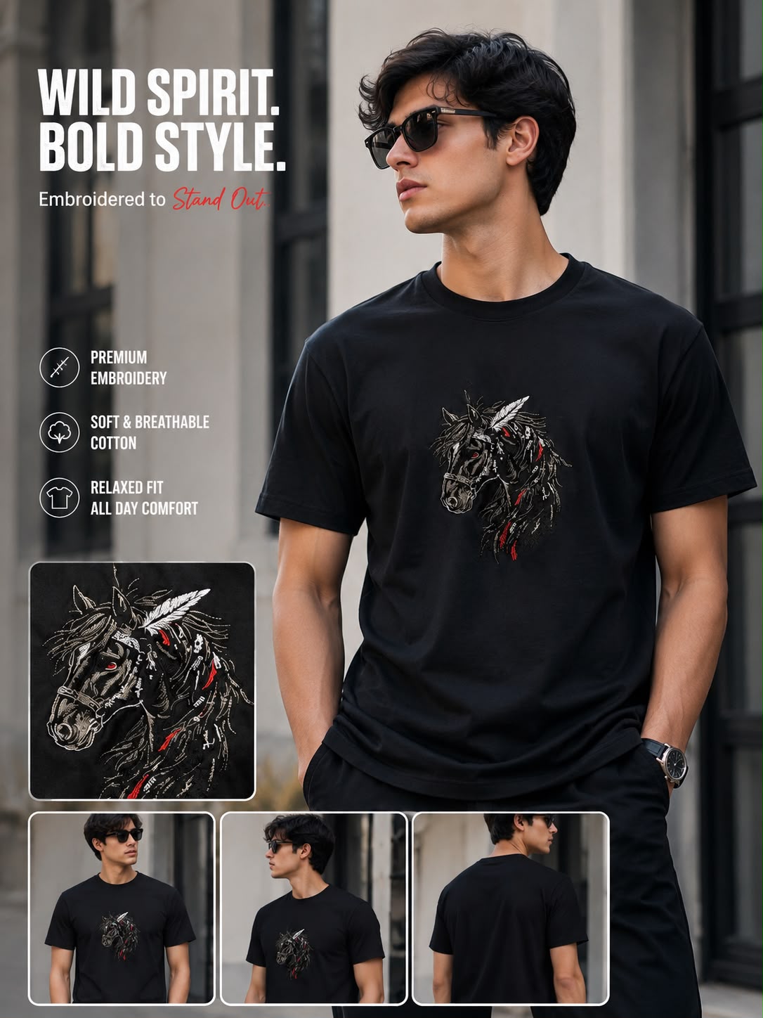 Black Cotton Regular Fit Warrior Horse Embroidered T-Shirt for Men