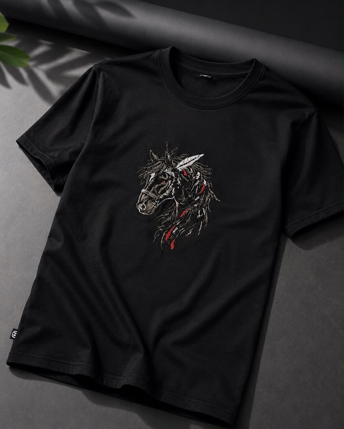 Black Cotton Regular Fit Warrior Horse Embroidered T-Shirt for Men