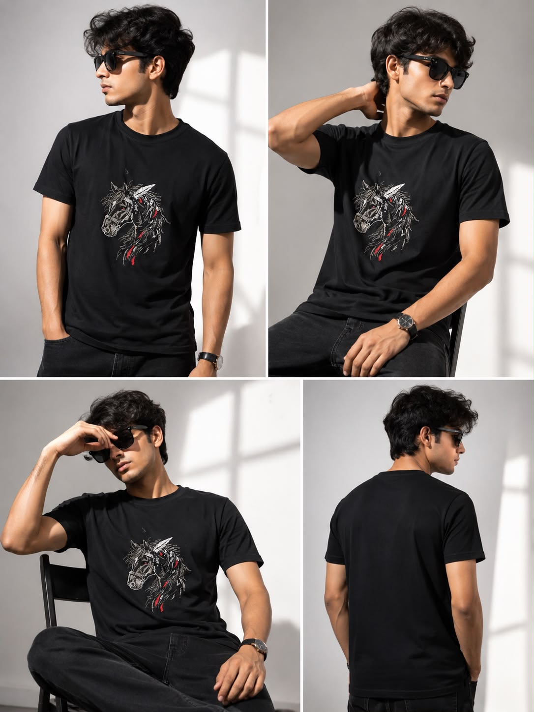 Black Cotton Regular Fit Warrior Horse Embroidered T-Shirt for Men