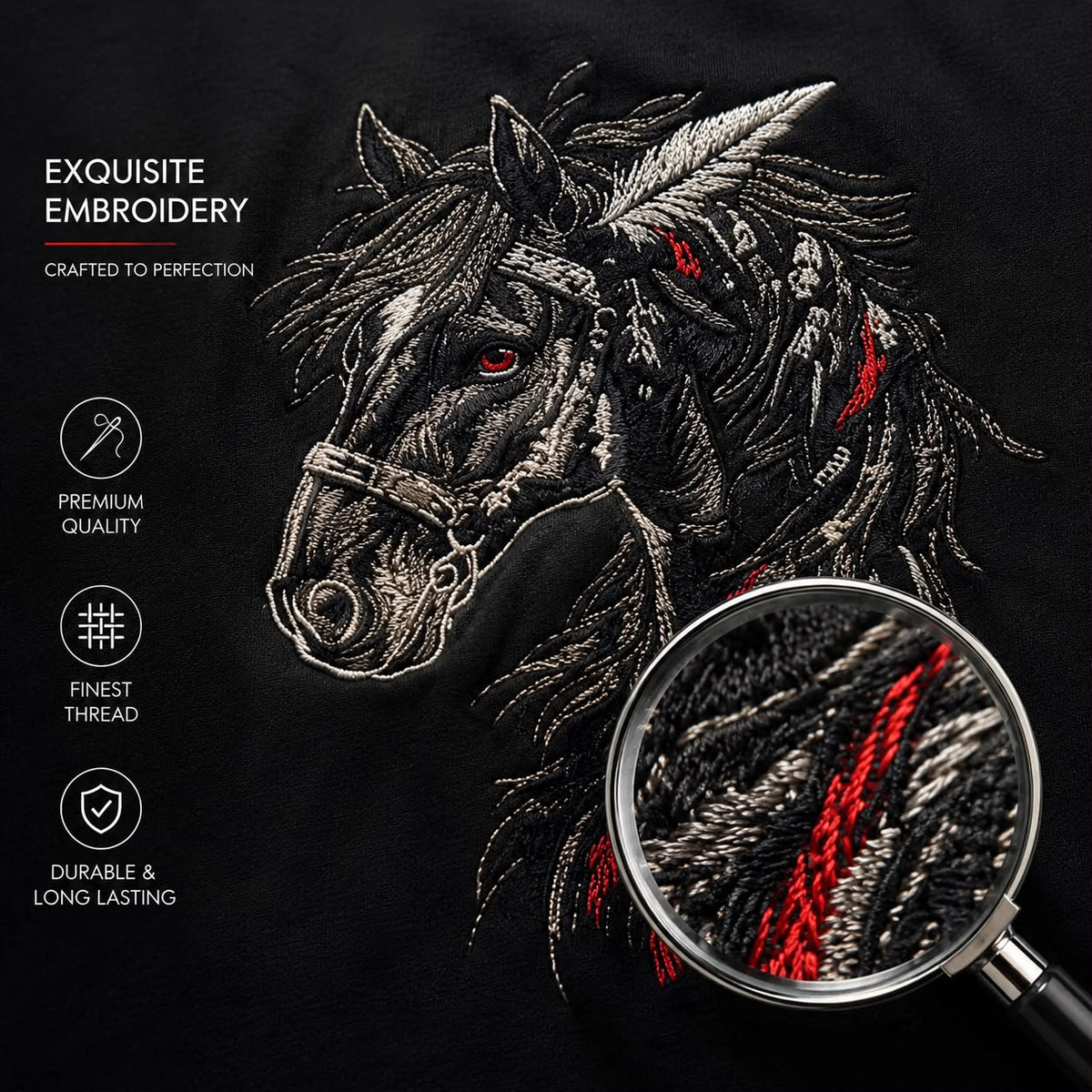 Black Cotton Regular Fit Warrior Horse Embroidered T-Shirt for Men