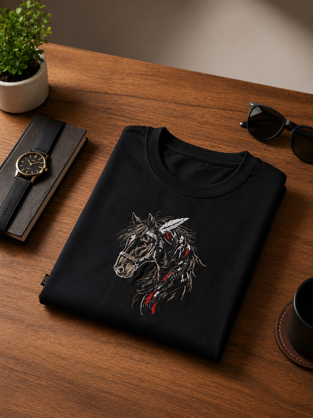 Black Cotton Regular Fit Warrior Horse Embroidered T-Shirt for Men