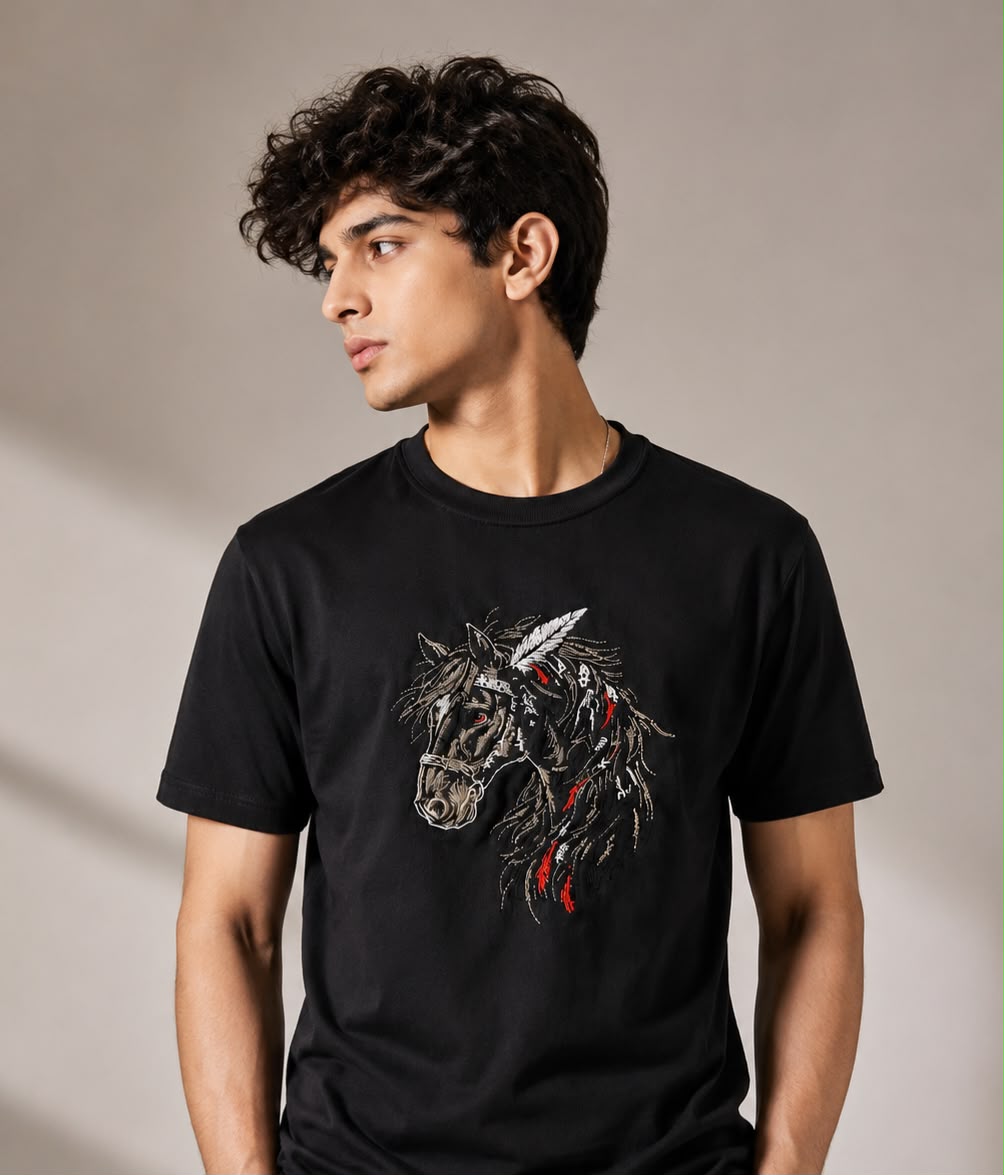 Black Cotton Regular Fit Warrior Horse Embroidered T-Shirt for Men