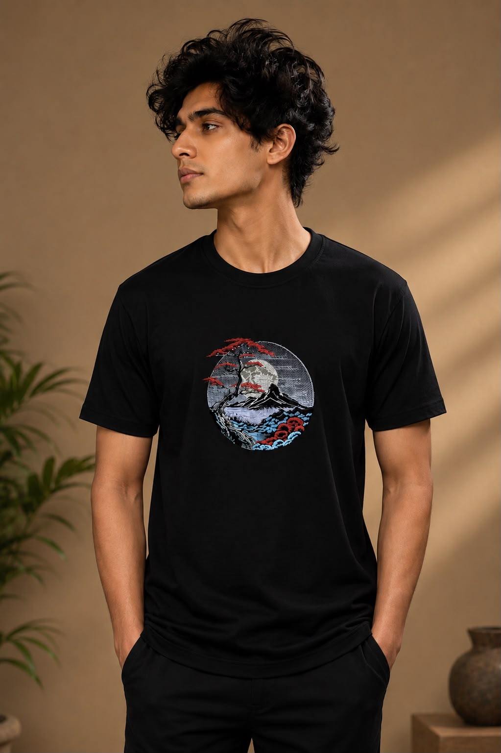 Black Cotton Regular Fit Japanese Mountain Embroidered T-Shirt for Men