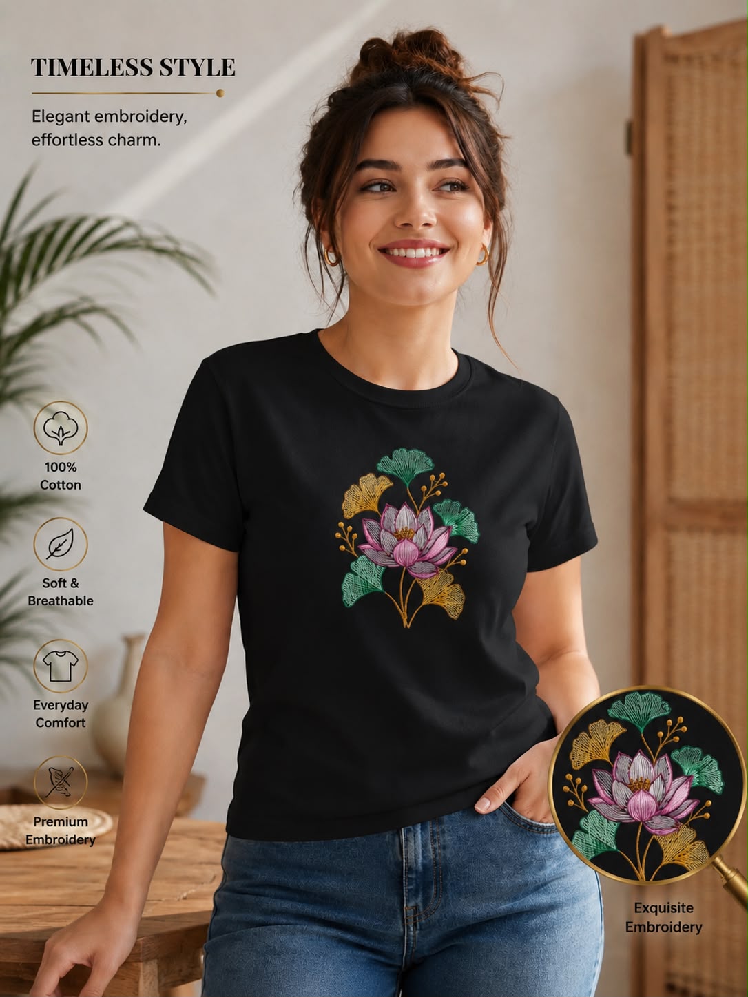 Black Cotton Regular Fit Lotus Flower Embroidered T-Shirt for Women