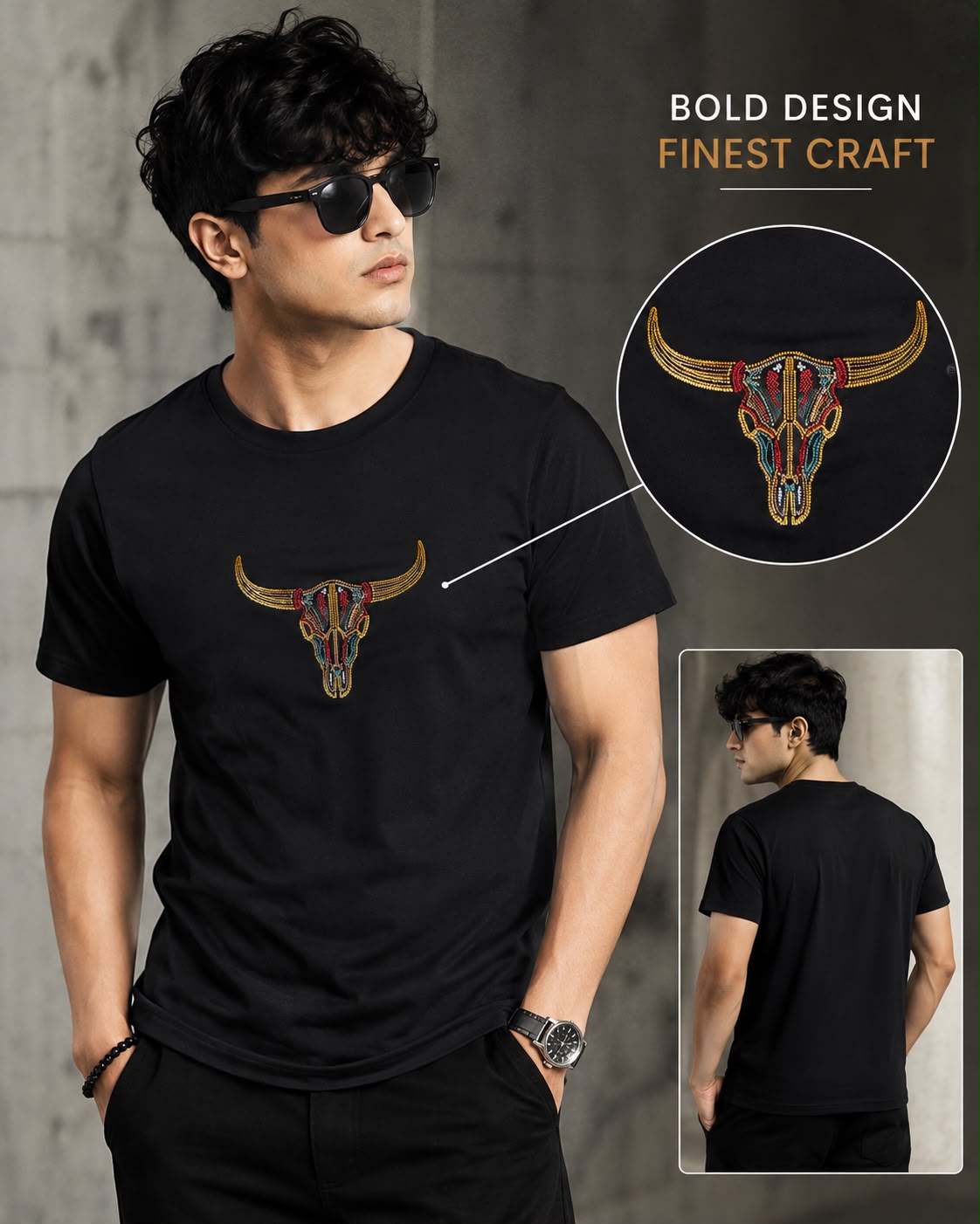 Black Cotton Regular Fit Bull Skull Embroidered T-Shirt for Men