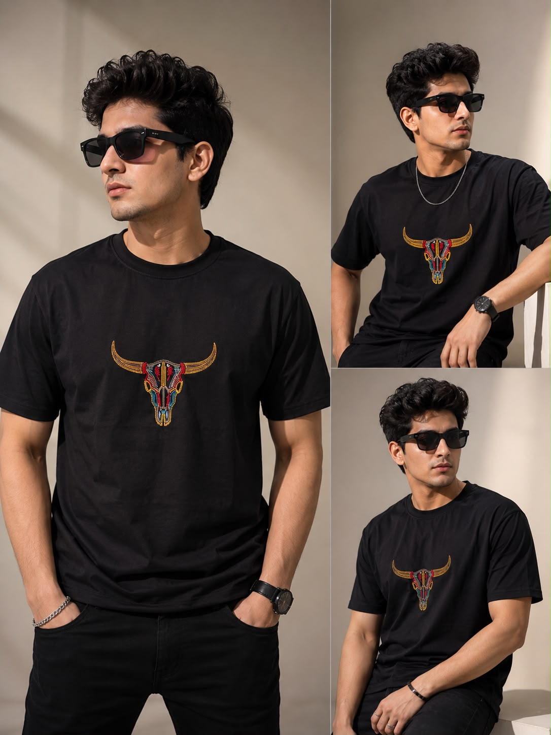 Black Cotton Regular Fit Bull Skull Embroidered T-Shirt for Men