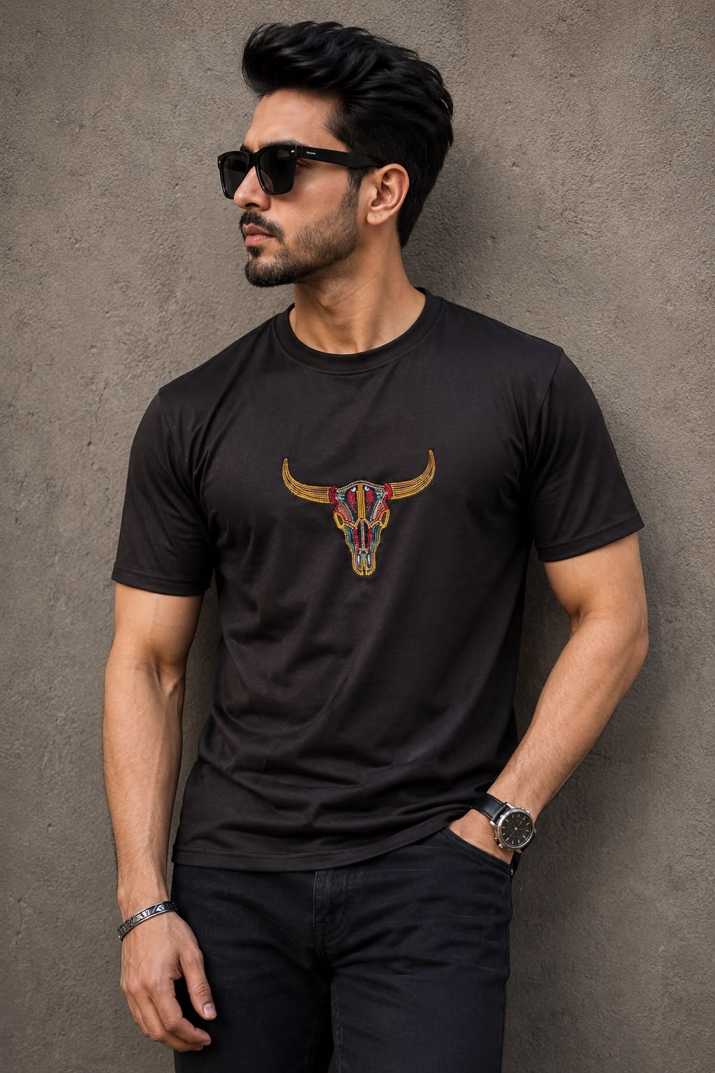 Black Cotton Regular Fit Bull Skull Embroidered T-Shirt for Men