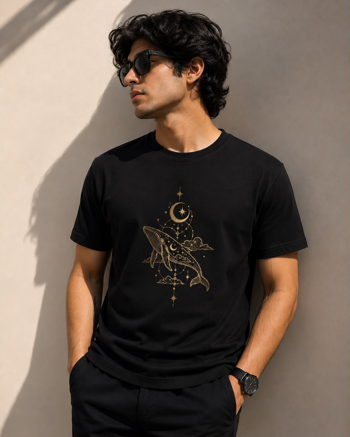 White Cotton Regular Fit Dolphin Moon Embroidered T-Shirt for Men