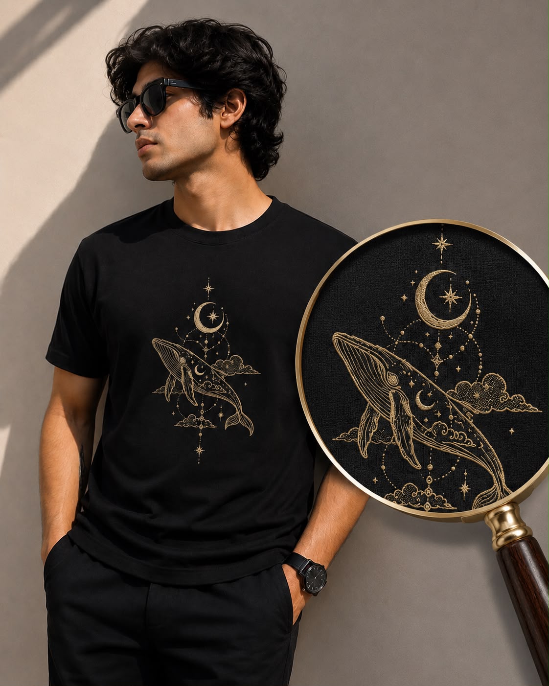 White Cotton Regular Fit Dolphin Moon Embroidered T-Shirt for Men