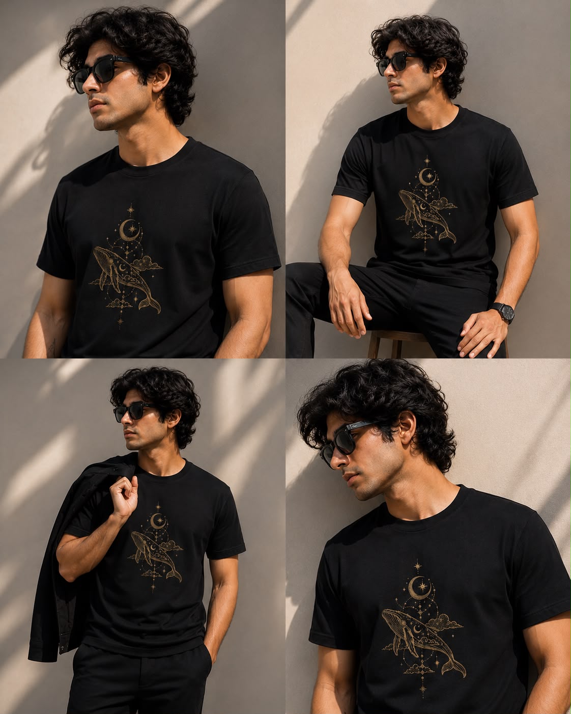 White Cotton Regular Fit Dolphin Moon Embroidered T-Shirt for Men
