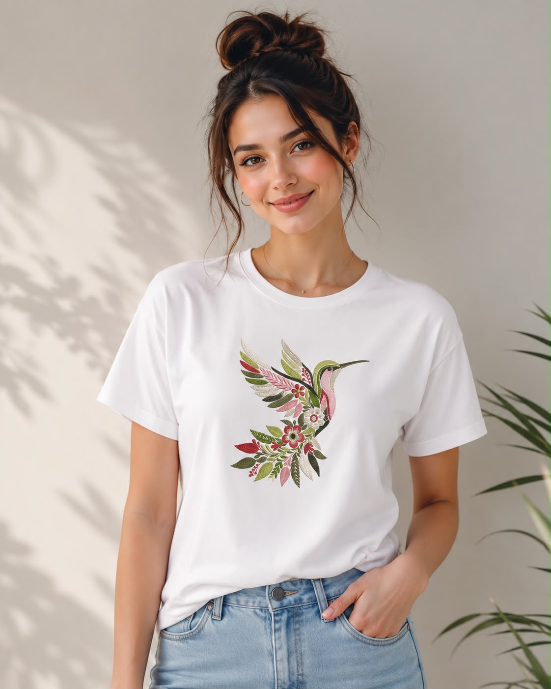 White Cotton Regular Fit Floral bird Embroidered T-Shirt for Women