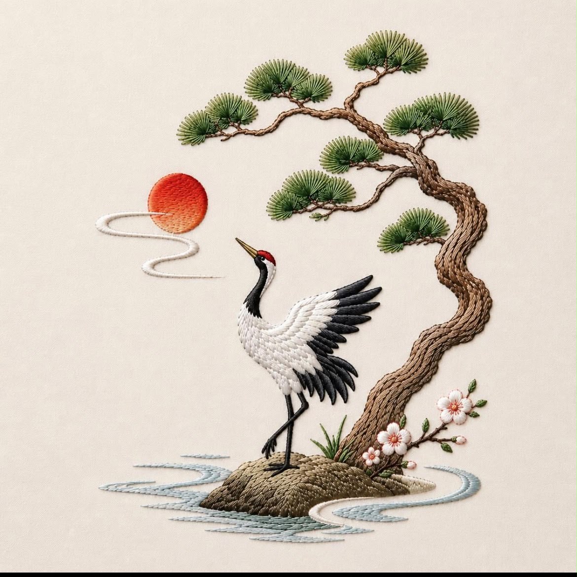 White Cotton Regular Fit Japanese Crane & Bonsai Embroidered T-Shirt for Women