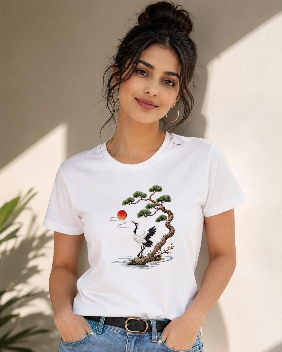 White Cotton Regular Fit Japanese Crane & Bonsai Embroidered T-Shirt for Women