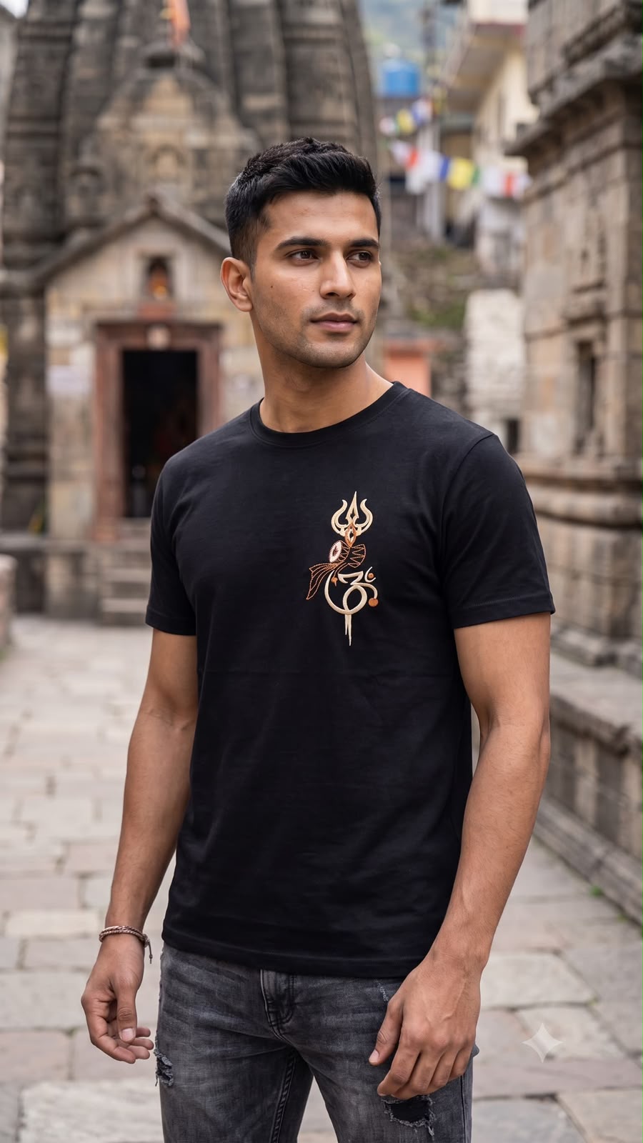 Black Cotton Regular Fit Om Trishul Embroidered T-Shirt for Men