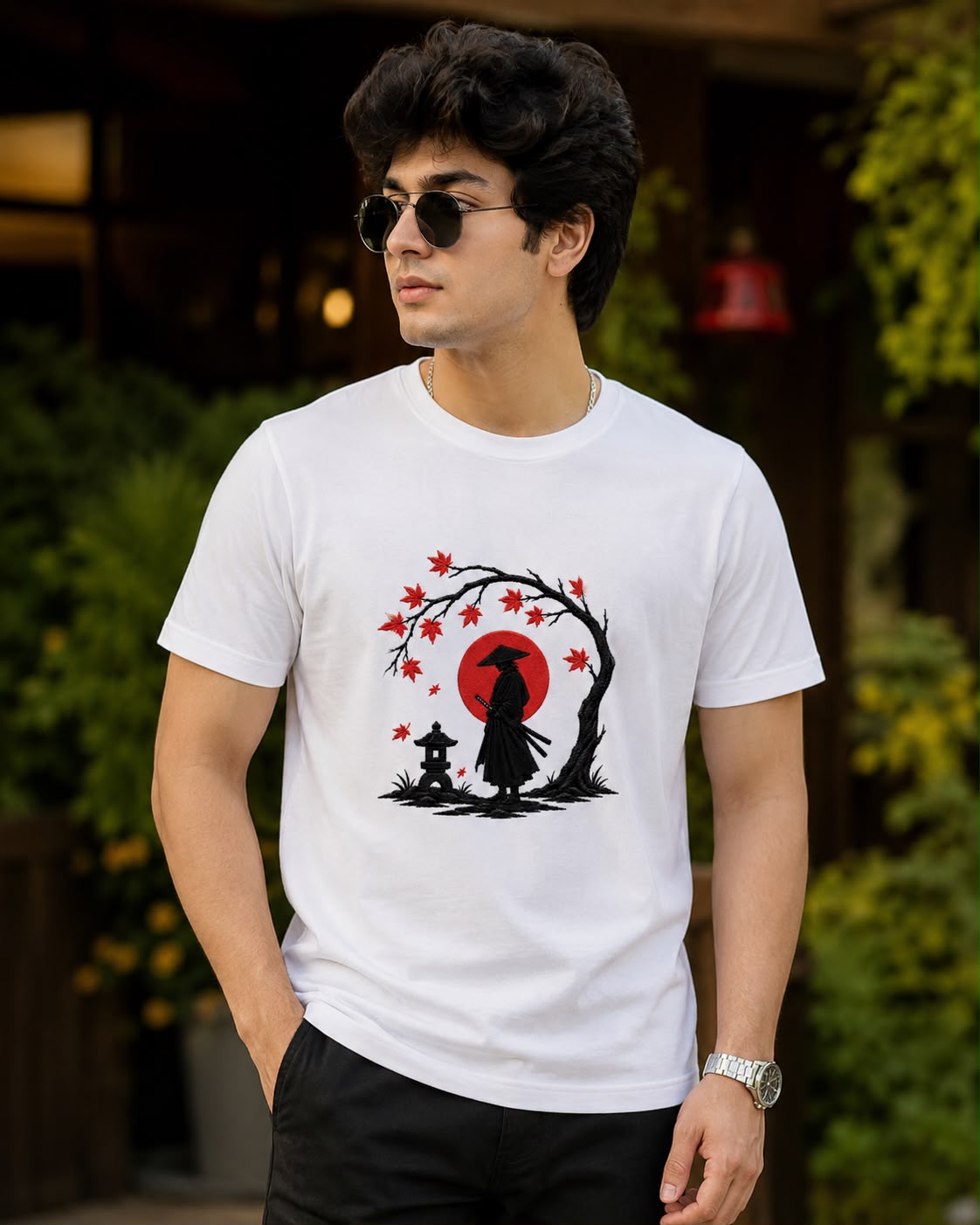 White Cotton Regular Fit Japanese Samurai Embroidered T-Shirt for Men