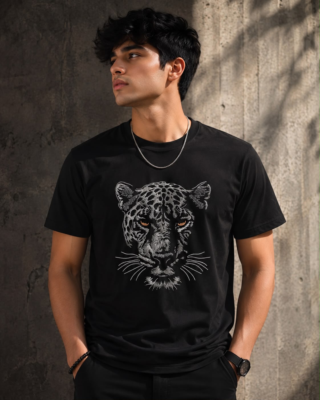 Black Cotton Penther Face Embroidered T-Shirt for Men