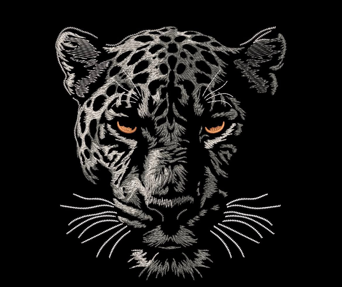 Black Cotton Penther Face Embroidered T-Shirt for Men