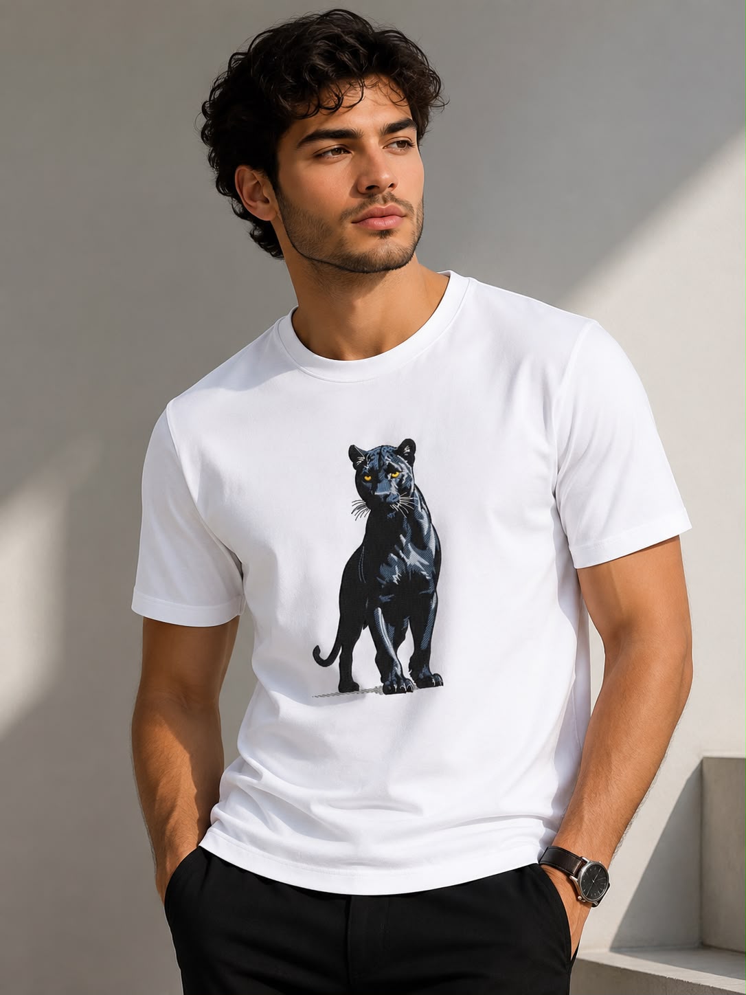 White Cotton Regular Fit Black Panther Embroidered T-Shirt for Men