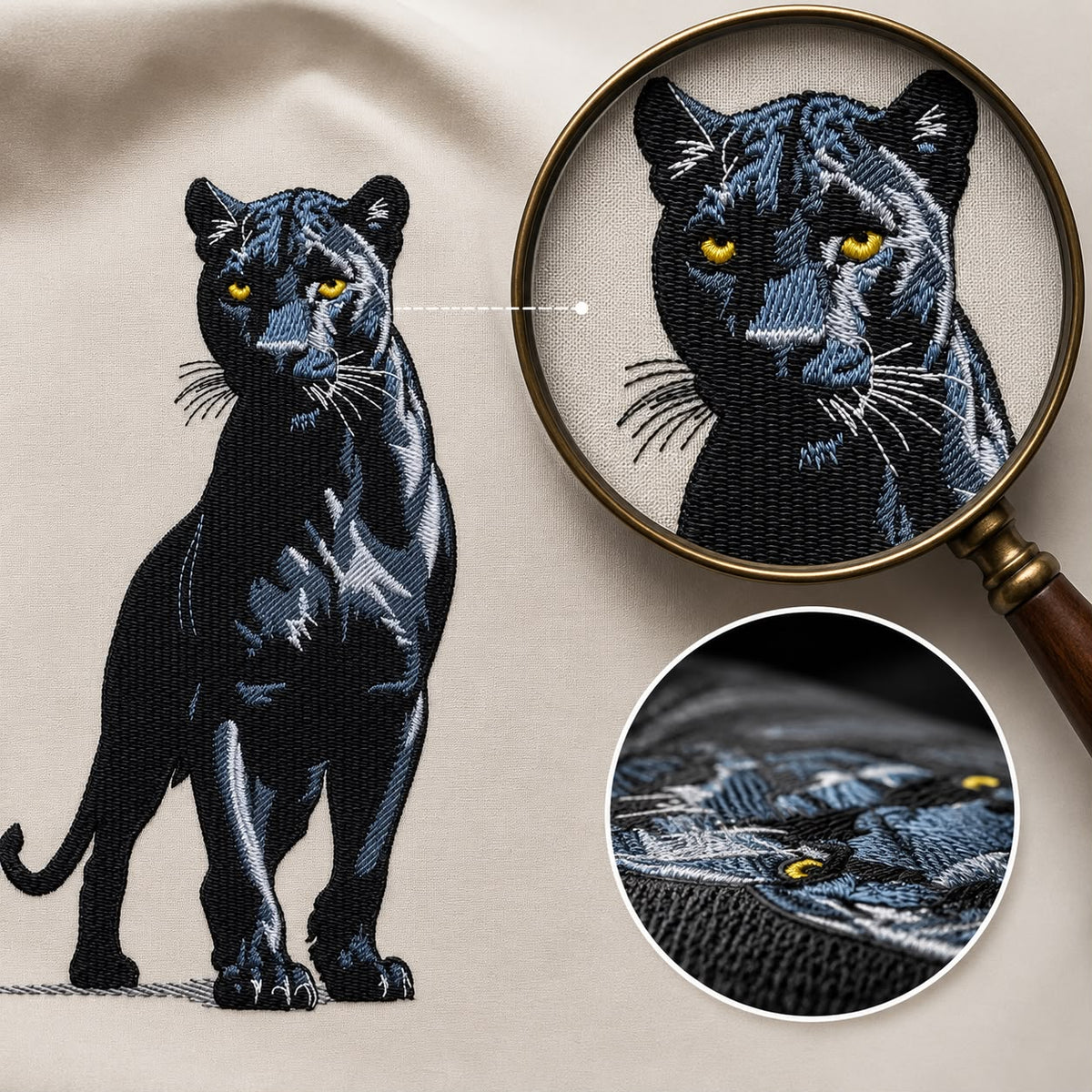 White Cotton Regular Fit Black Panther Embroidered T-Shirt for Men