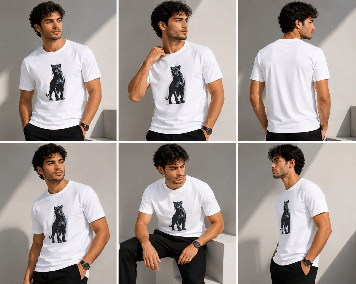 White Cotton Regular Fit Black Panther Embroidered T-Shirt for Men