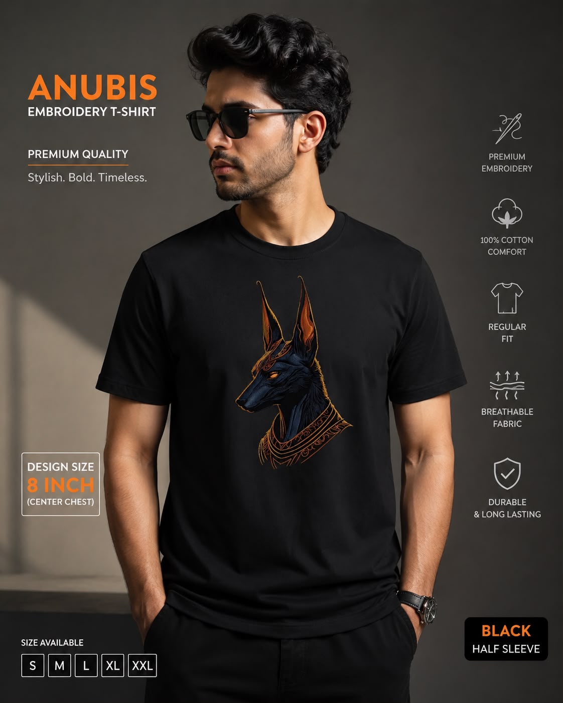 Black Cotton Regular Fit Egyptian Anubis Embroidered T-Shirt for Men