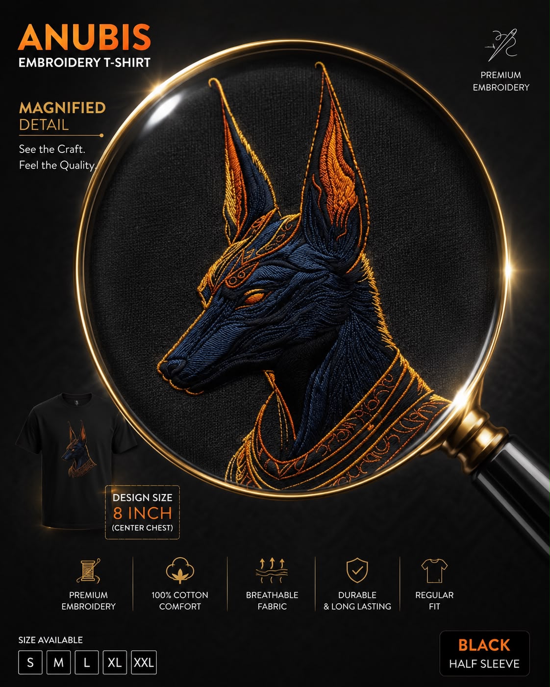 Black Cotton Regular Fit Egyptian Anubis Embroidered T-Shirt for Men