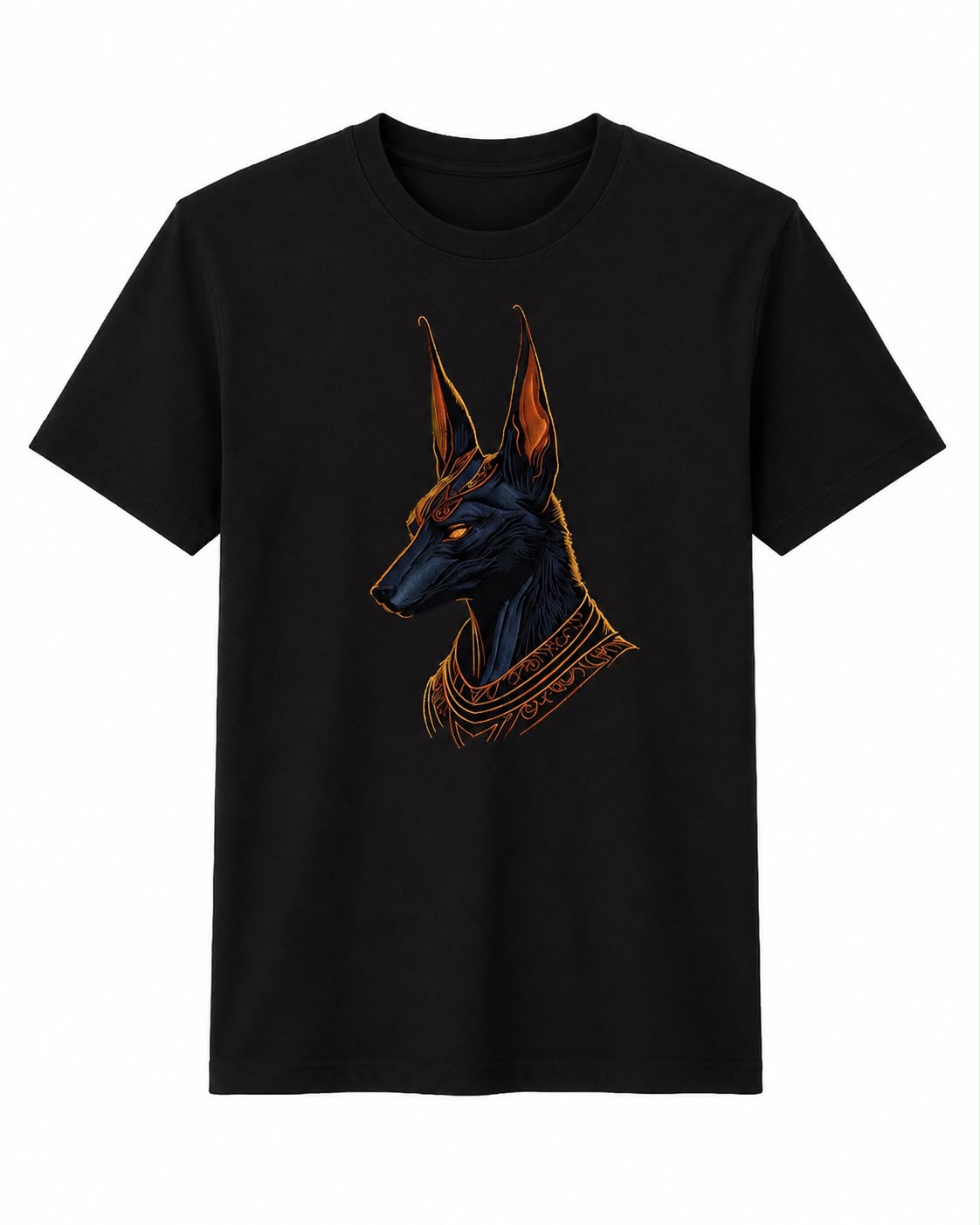 Black Cotton Regular Fit Egyptian Anubis Embroidered T-Shirt for Men