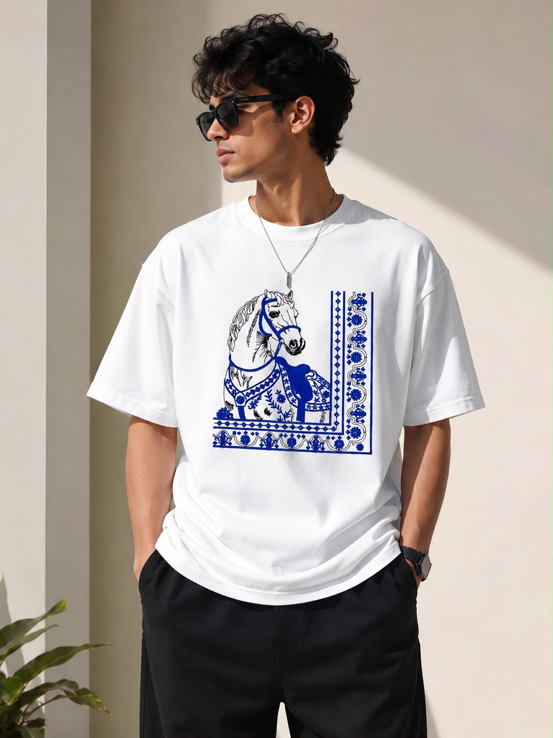 White Cotton Regular Fit Royal Blue Horse Embroidered T-Shirt for Men