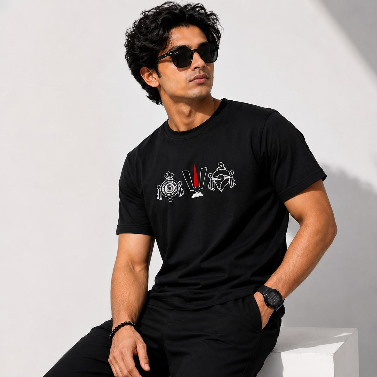 Black Cotton Regular Fit Govinda Embroidered T-Shirt for Men