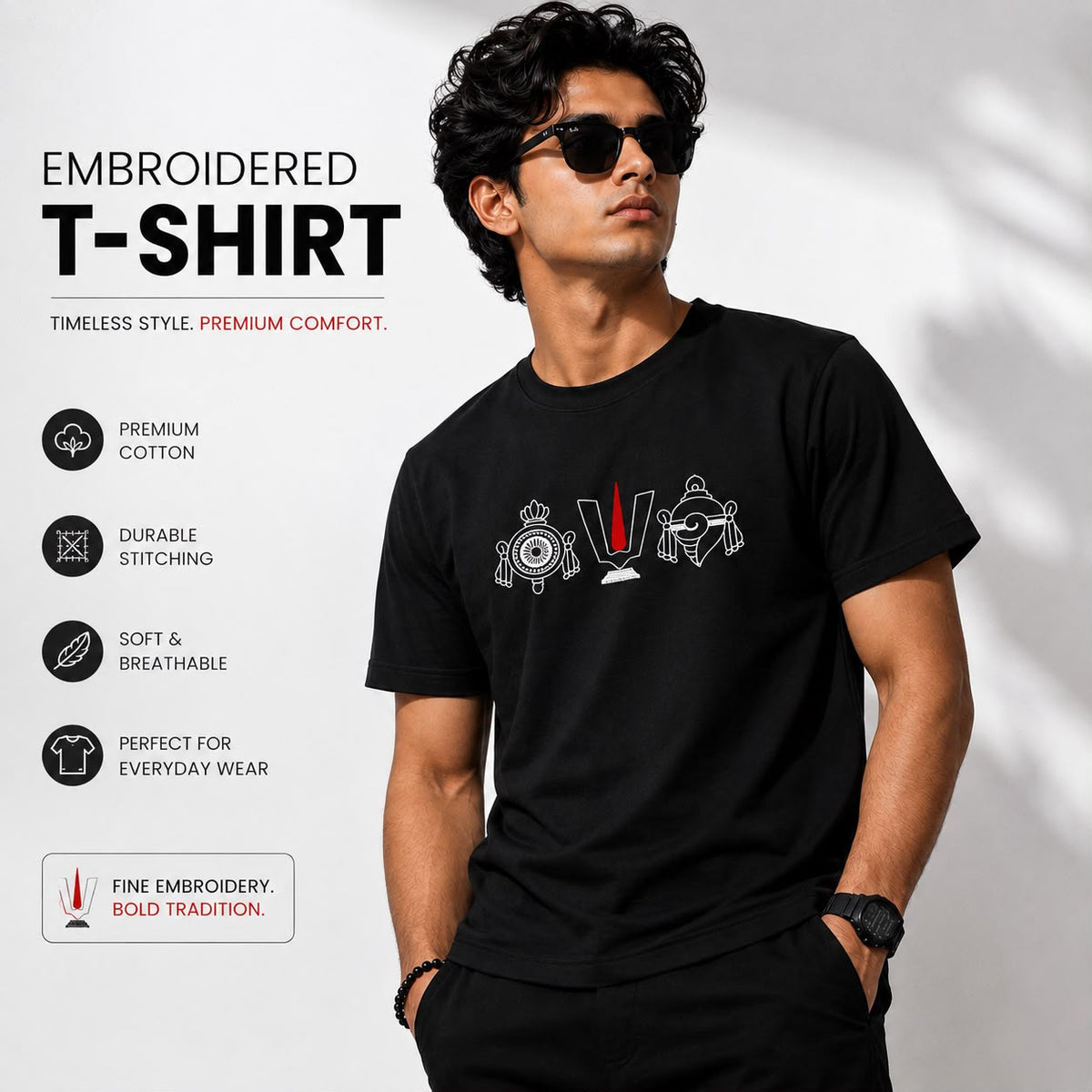 Black Cotton Regular Fit Govinda Embroidered T-Shirt for Men